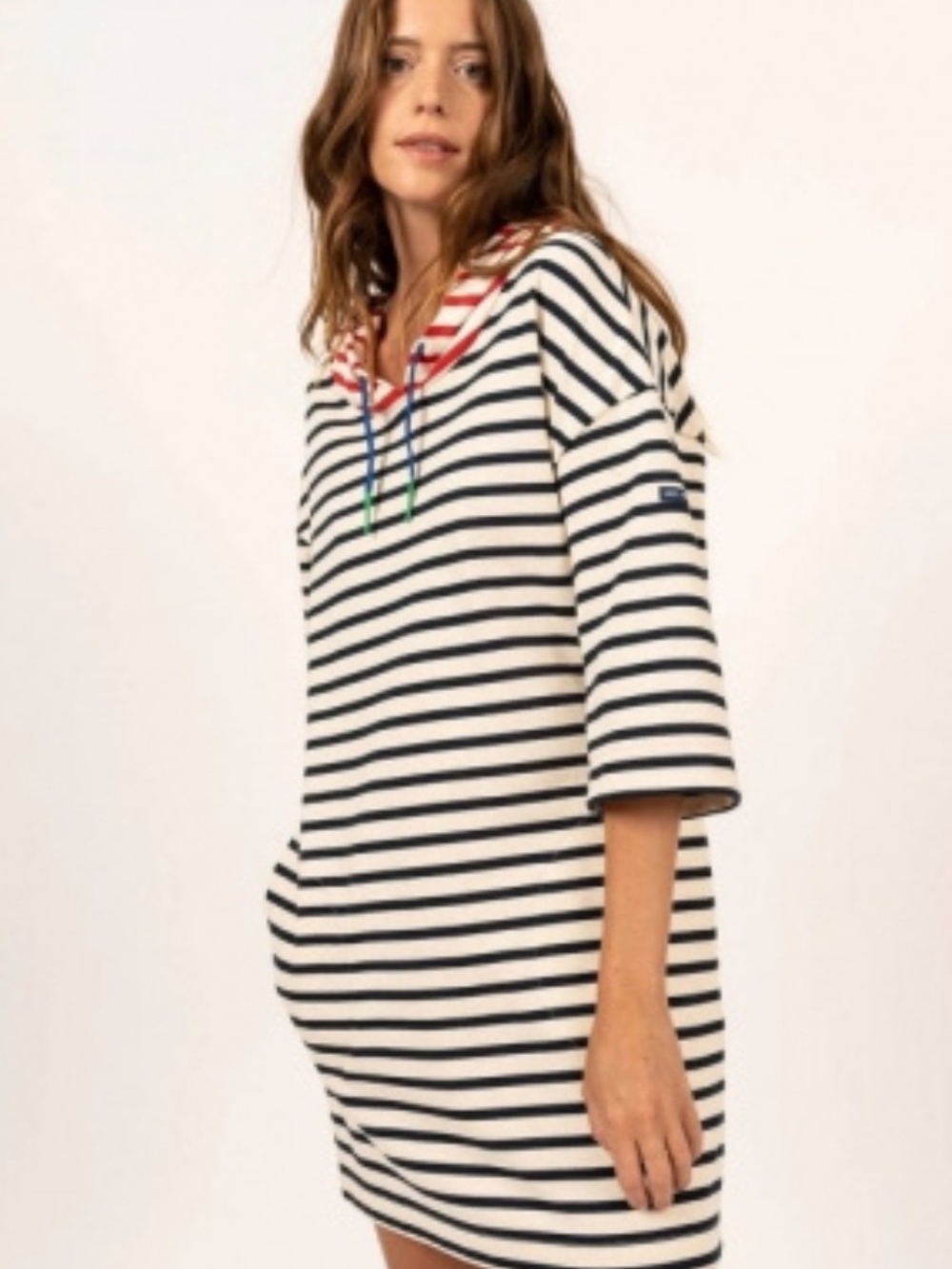 SAINT JAMES Genets Striped Hooded Dress - Navy/White - Size 14 (XL) Nautical